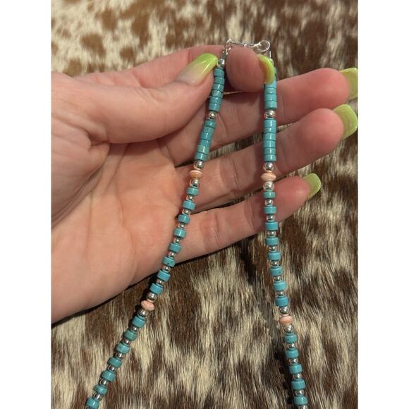 Native American Sterling Silver Shiny Navajo Pearl Turquoise Conch Necklace 18” - Picture 9 of 13